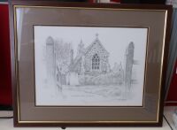 Print of a pencil drawing of St Nicholas Church, Loughton by Ray Figg, 1984