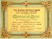 Certificate of Merit from The North London Sunday School Union, awarded to John Smith, Waltham Abbey Wesleyan Sunday School for Scripture Examination March 1916