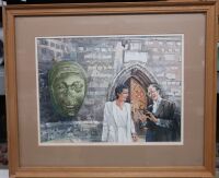 Framed and mounted watercolour painting by Eric Dawson, showing Ann Miller and Philip Cunliffe Jones standing outside Waltham Abbey Church, with the purbeck marble head to the right.