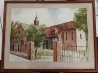 Framed, mounted and glazed watercolour painting of St Elizabeth's Church, Buckhurst Hill, by RF Hill, 1959