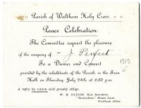 Invitation: Parish of Waltham Holy Cross Peace Celebration. Invite to J Perfect to a dinner and concert on Thursday July 24th  1919 at 6.30pm