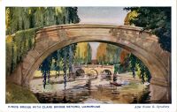 Coloured postcard of King's Bridge and Clare Bridge, cambridge